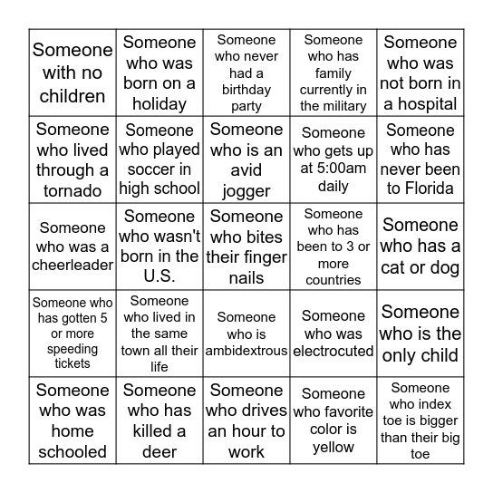 Human Bingo A.U.S Summer Retreat. See if you can find someone who matches that description. Try to be the first to get 5 signatures in a row to get BINGO. If you have time see if you can fill every square                   Bingo Card