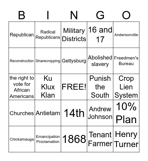 Reconstruction Bingo Card
