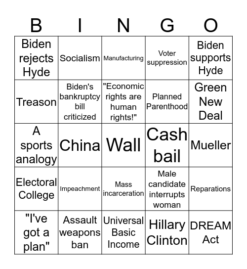 First Democratic Debate Bingo: June 26-27, 2019 Bingo Card