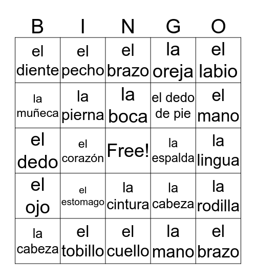 Cuerpo Bingo Card