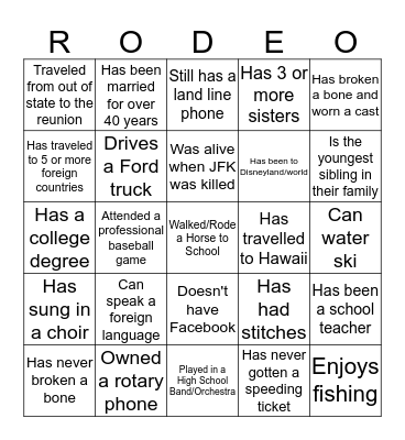 UDY FAMILY "RODEO" Bingo Card