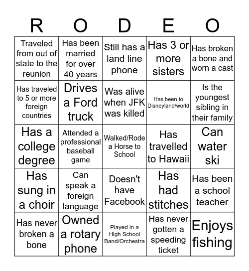 UDY FAMILY "RODEO" Bingo Card