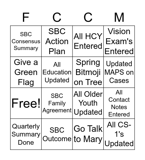 Foster Care Bingo Card