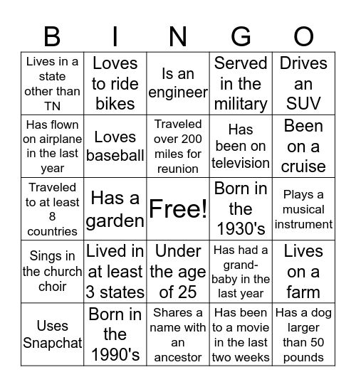 Hatcher Family Bingo Card