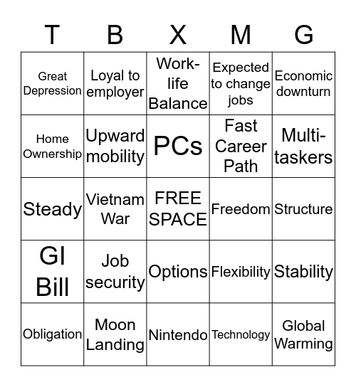 Generational Bingo! Bingo Card