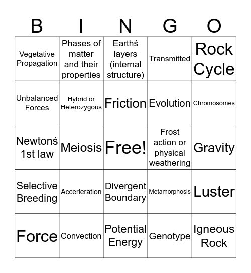 Science 8 Final Review Bingo Card