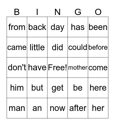 Sight Words Bingo Card