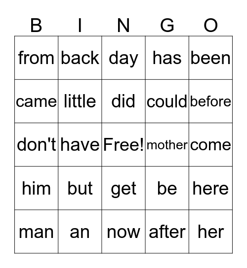 Sight Words Bingo Card