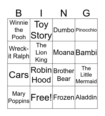 Disney Movie Night Bingo Card
