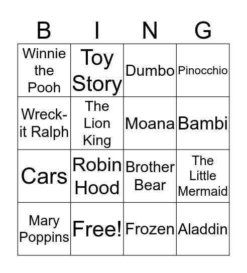 Disney Movie Night Bingo Card