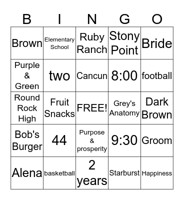 Evette & Jonathan 2/22/2014 Bingo Card