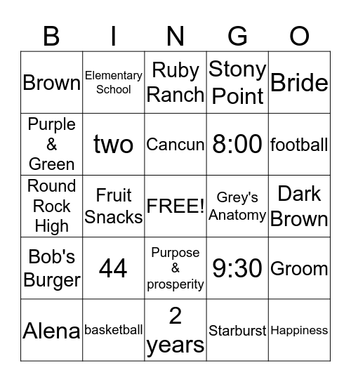 Evette & Jonathan 2/22/2014 Bingo Card