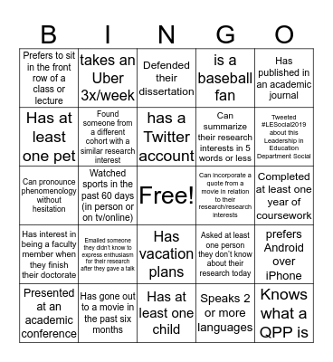 Leadership in Education Department Bingo Card