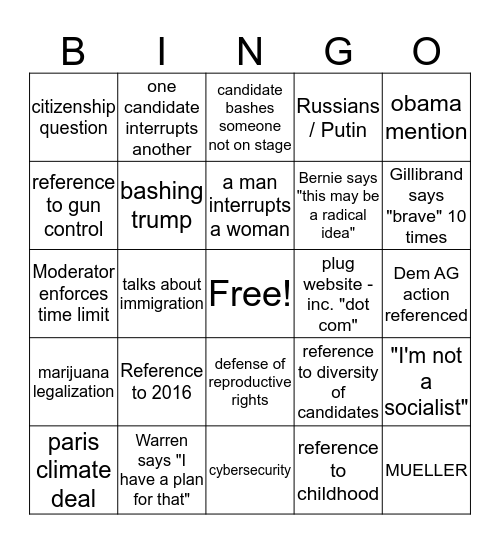Democratic Presidential Primary Bingo Card Bingo Card
