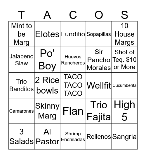 Tacos & Tequila Cantina  Bingo Card