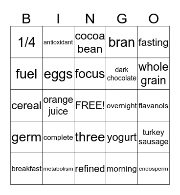 Nutrition Bingo Card