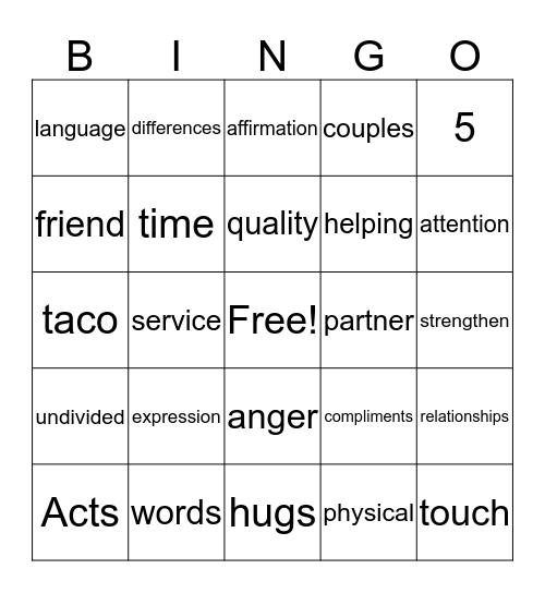 5 love languages Bingo Card