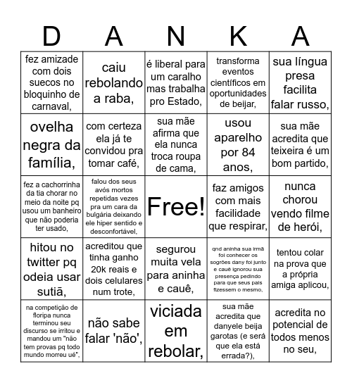 um bingo sobre danyele: motivos para sentir saudades (ou não) Bingo Card