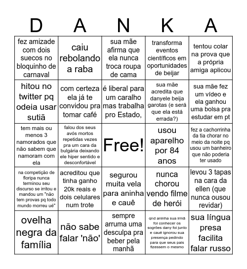 um bingo sobre danyele: motivos para sentir saudades (ou não) Bingo Card