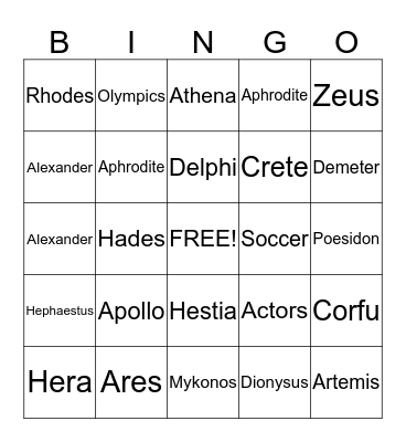 GREECE Bingo Card