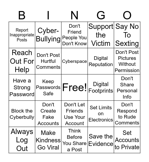 Anti-Cyberbullying Bingo Card
