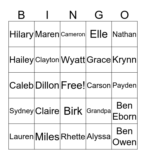 Eborn Family Bingo Card