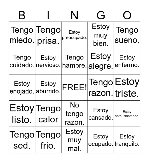 Feelings/Expressions Bingo Card