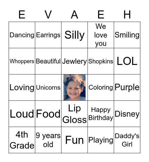 All About Evaeh Bingo Card