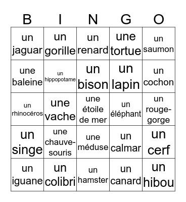 Mme. Hollenberg's Animal Bingo Card