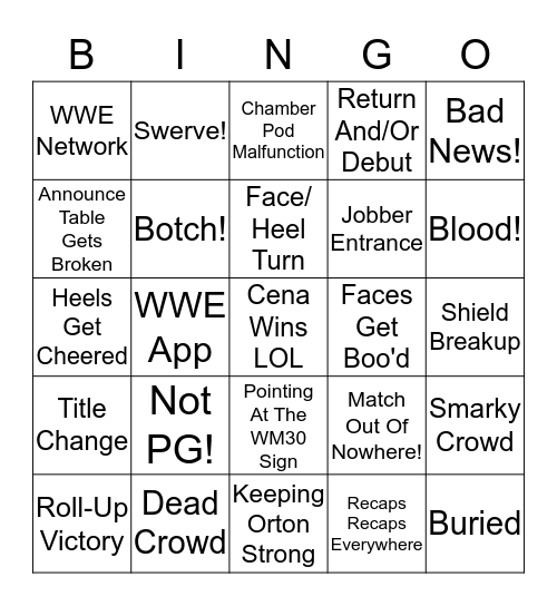 WWE Elimination Chamber Bingo Card