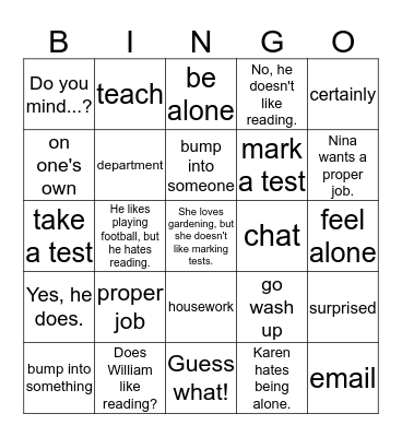 Vocabulary BINGO Card