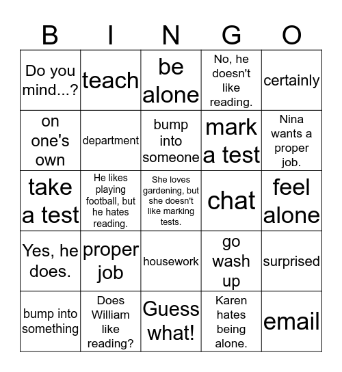 Vocabulary BINGO Card