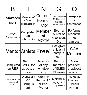 Extracurricular Activity Bingo Card