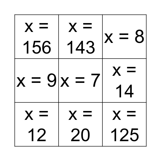 Algebra Bingo Card