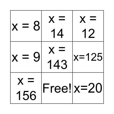 Algebra Bingo Card