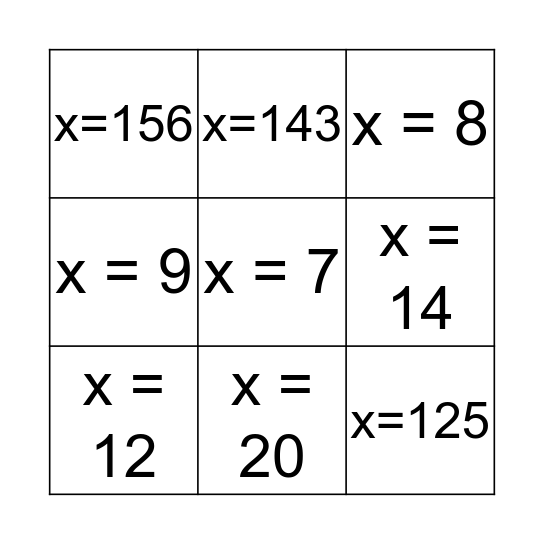 Algebra Bingo Card