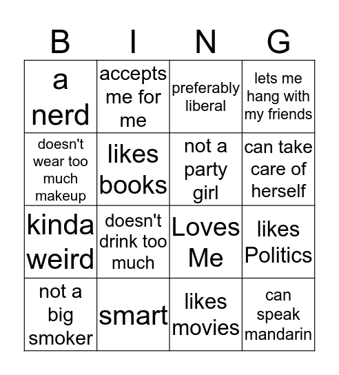 Girlfriend Bing Bingo Card