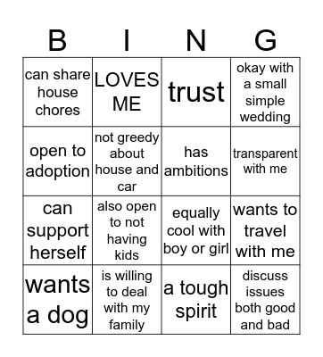 marriage Bingo Card