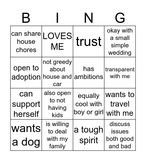 marriage Bingo Card