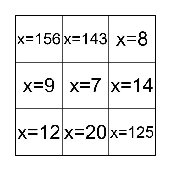 Algebra Bingo Card