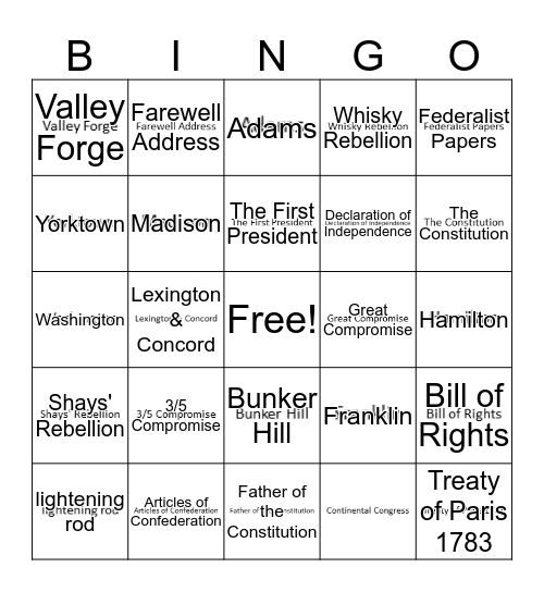 Founding Father Bingo Card