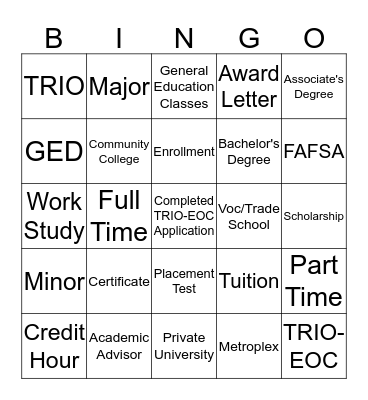 COLLEGE READINESS Bingo Card