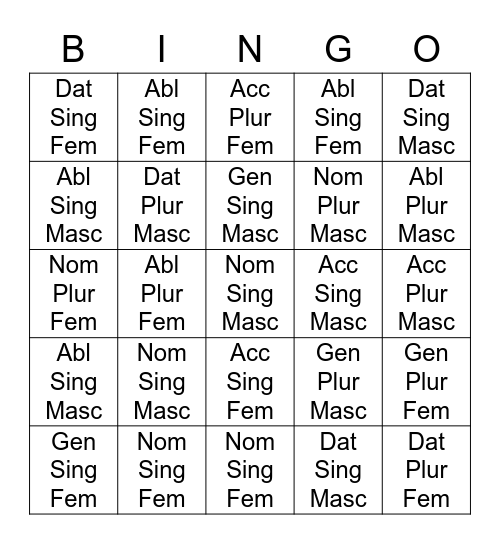 Explicatio Nominum Bingo Card
