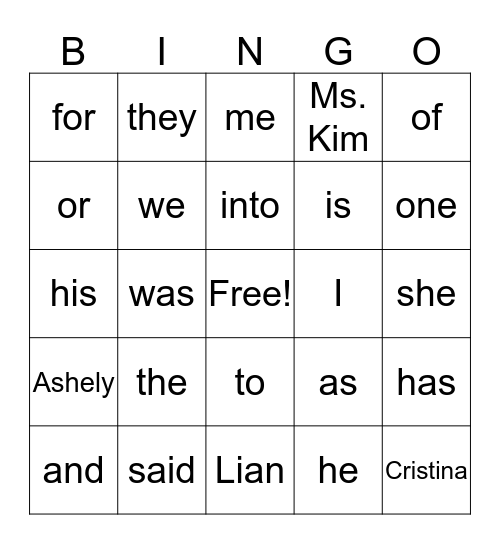 trick words Bingo Card