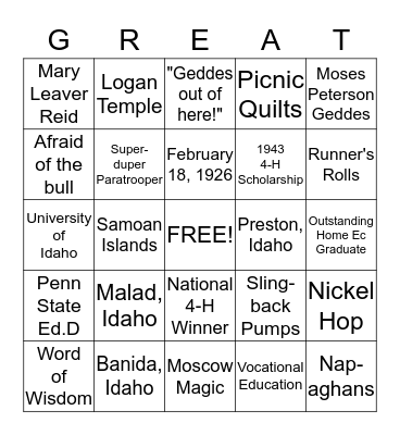 At 88 Great Grandma's  Bingo Card