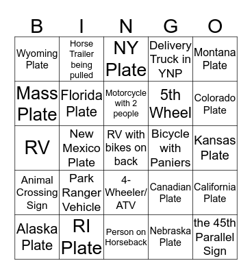 On the Road in YNP Bingo! Bingo Card