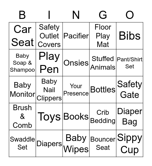 Baby Items Bingo Card