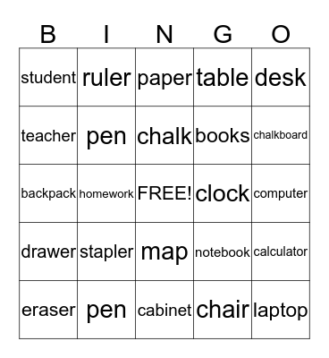 Classroom Objects Bingo Card