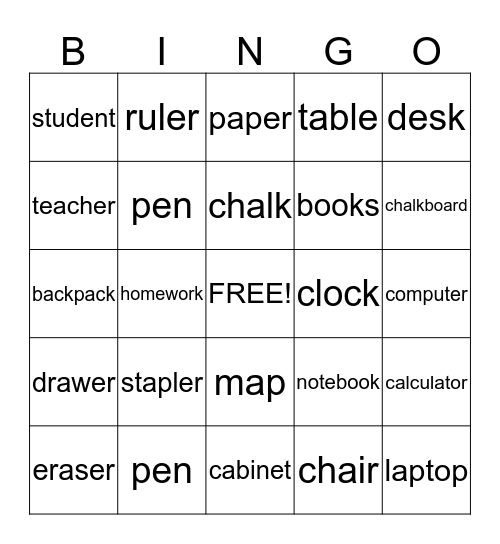 Classroom Objects Bingo Card