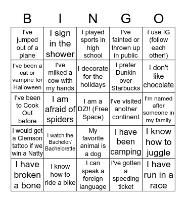 Life Experience Bingo Card